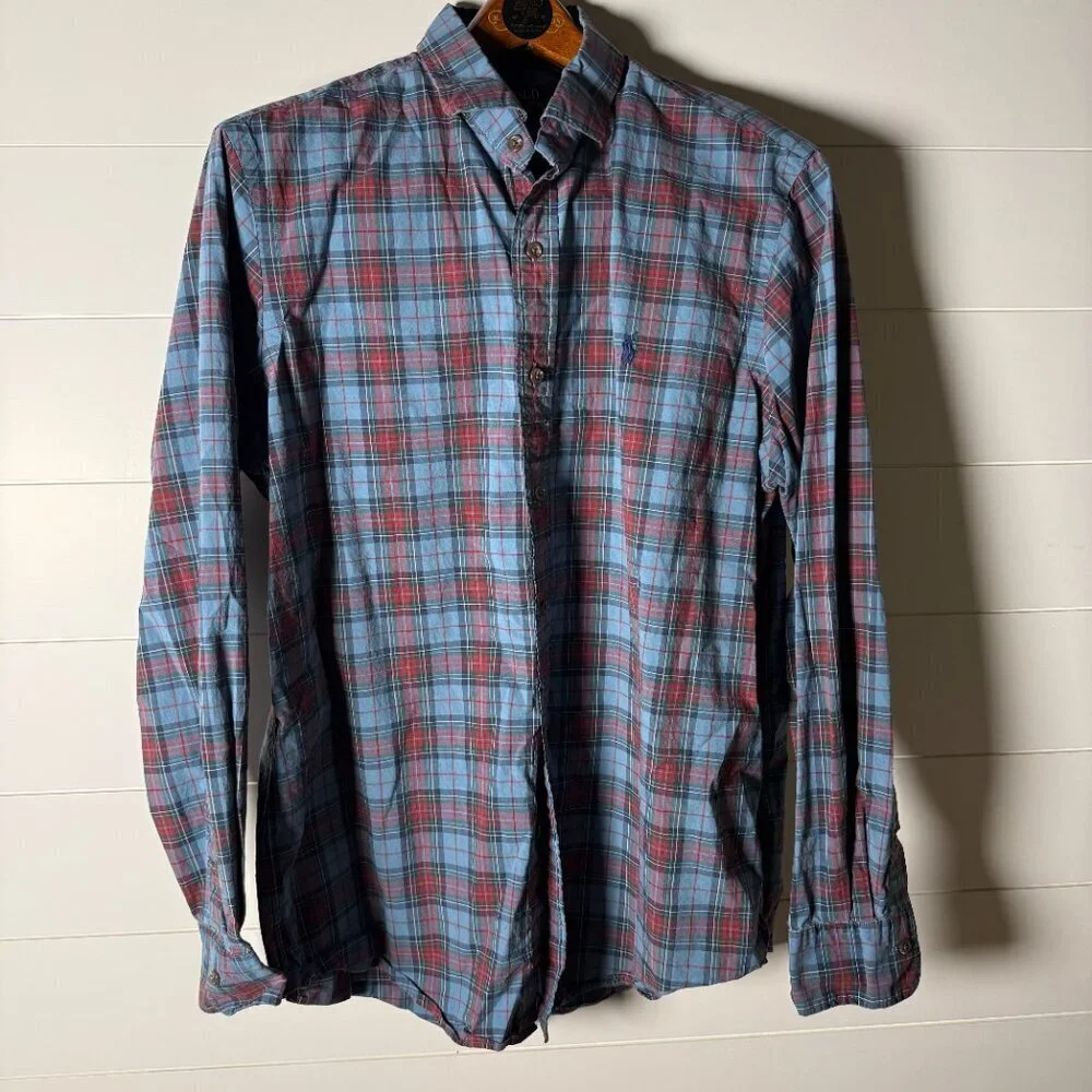 Polo Ralph Lauren 100% Cotton Stretch Classic Fit Blue...Plaid Long Sleeve Sz L